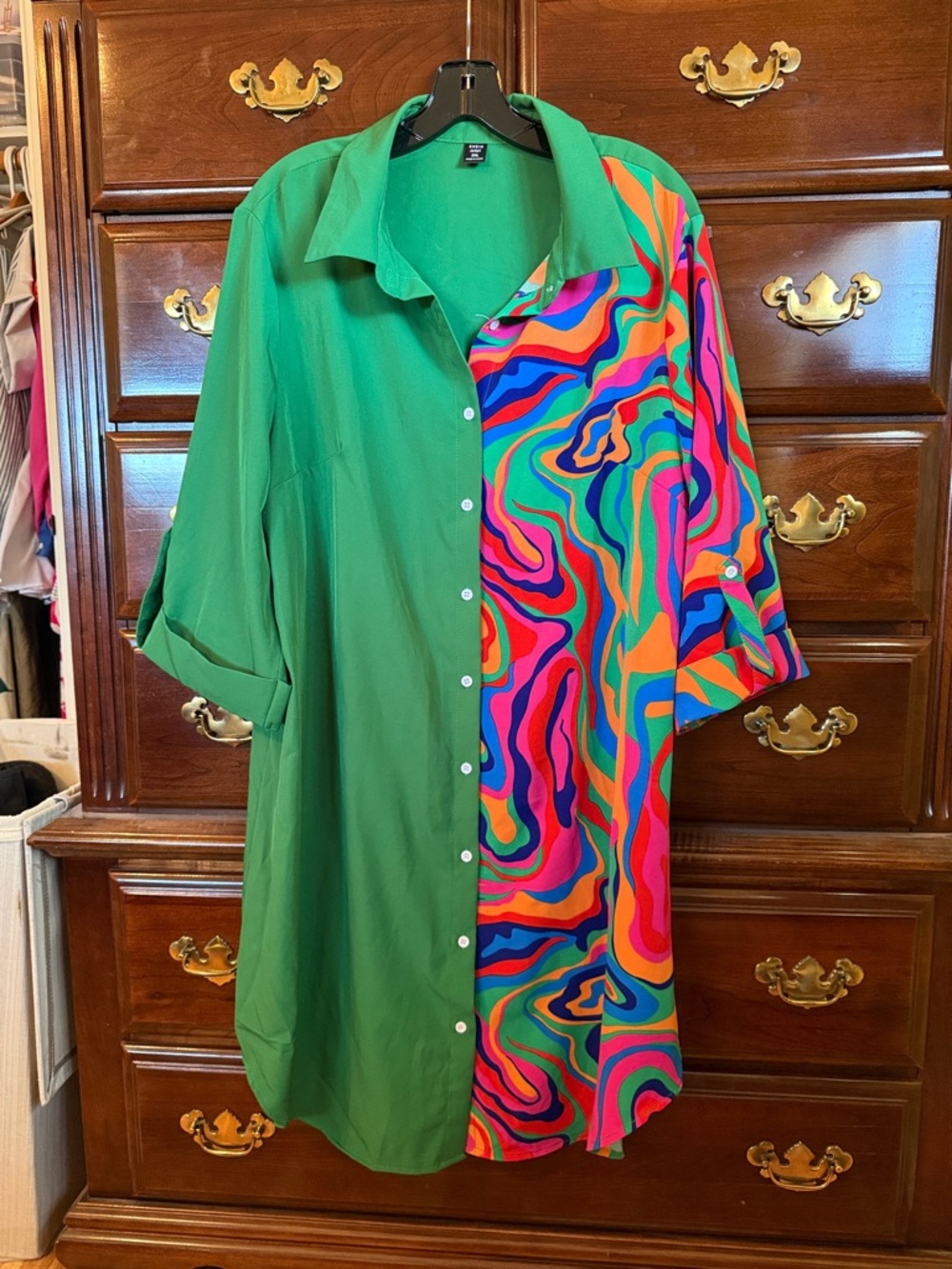 SHEIN Green & Multicolor Swirl Midi Shirt Dress